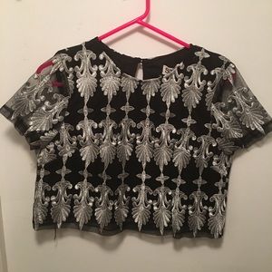 Black w/ Silver embroidery detail crop top